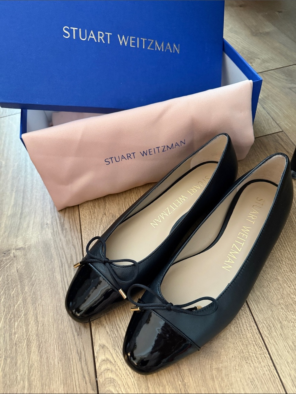 Stuart Weitzman Black Patent Cap-Toe Bow Ballet Flats (Original Packaging)